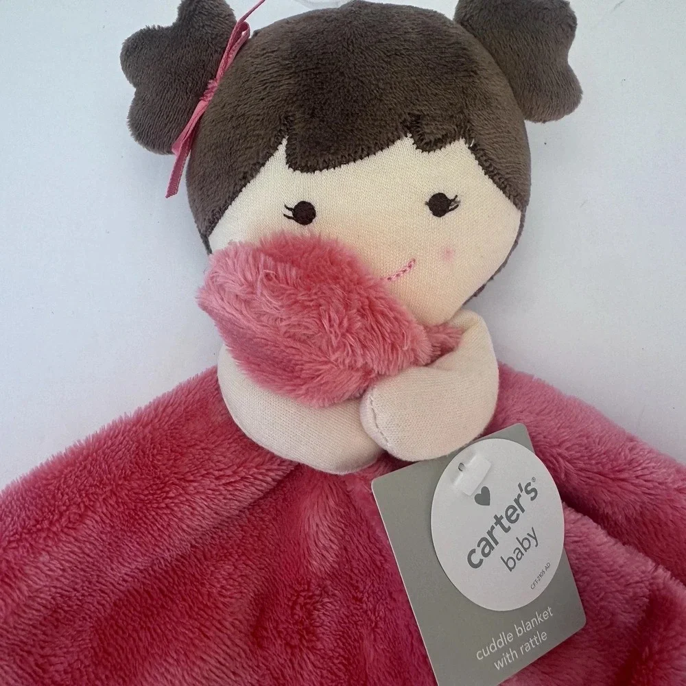 Pink Security Blanket by Carters Rattle Doll Silky Lovey Baby Brown Hair Gift